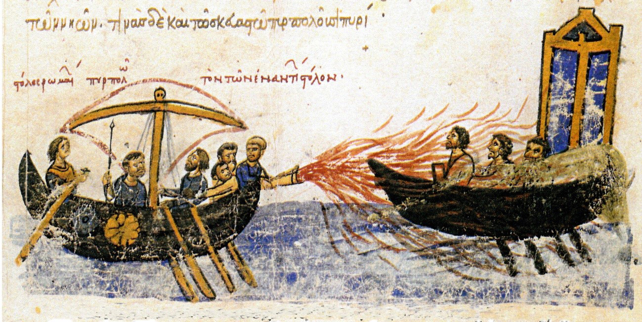 Batalla naval entre bizantinos y árabes. Skyllitzes matritensis - códice S.XI