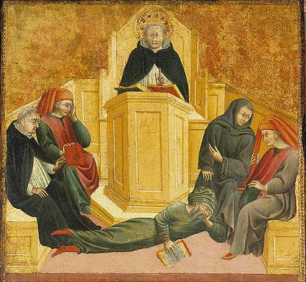 Santo Tomas de Aquino confundiendo a Averroes